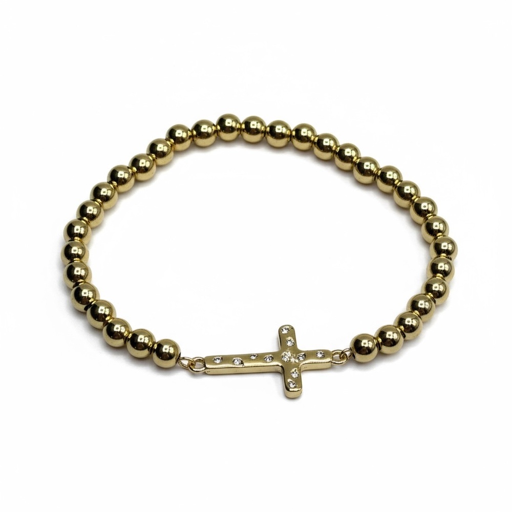 14k Gold Gilled Beaded Bracelet with Cross Charm